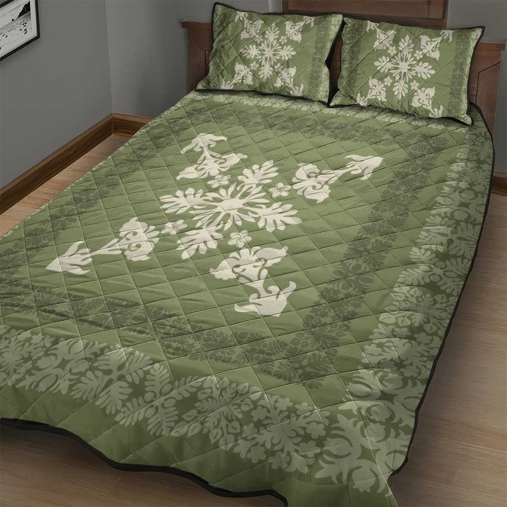 Hawaiian Quilt Block Design Quilt Bed Set Lime Hawaii Culture Motifs - Polynesian Pride