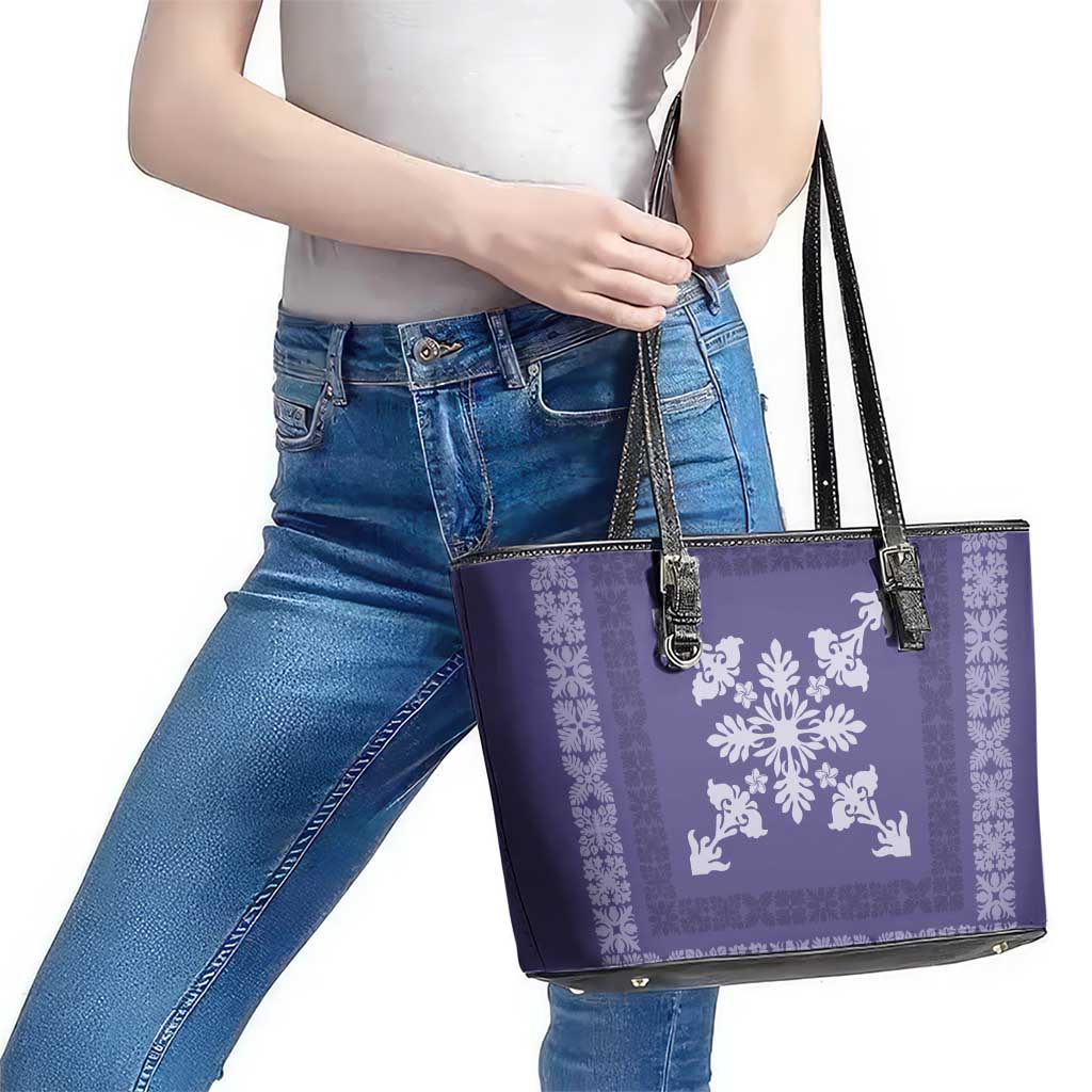 Hawaiian Quilt Block Design Leather Tote Bag Purple Hawaii Culture Motifs - Polynesian Pride