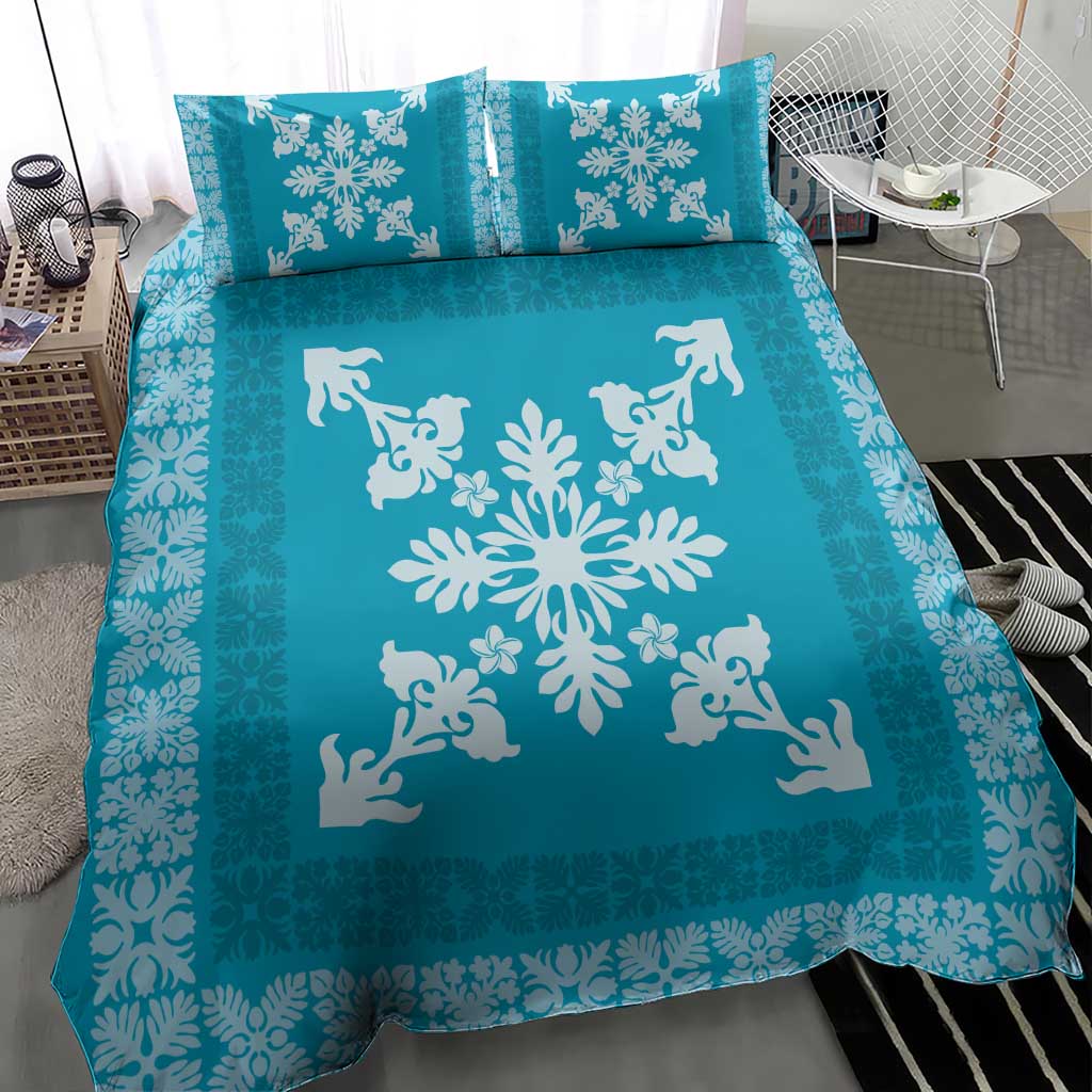 Hawaiian Quilt Block Design Bedding Set Teal Hawaii Culture Motifs - Polynesian Pride
