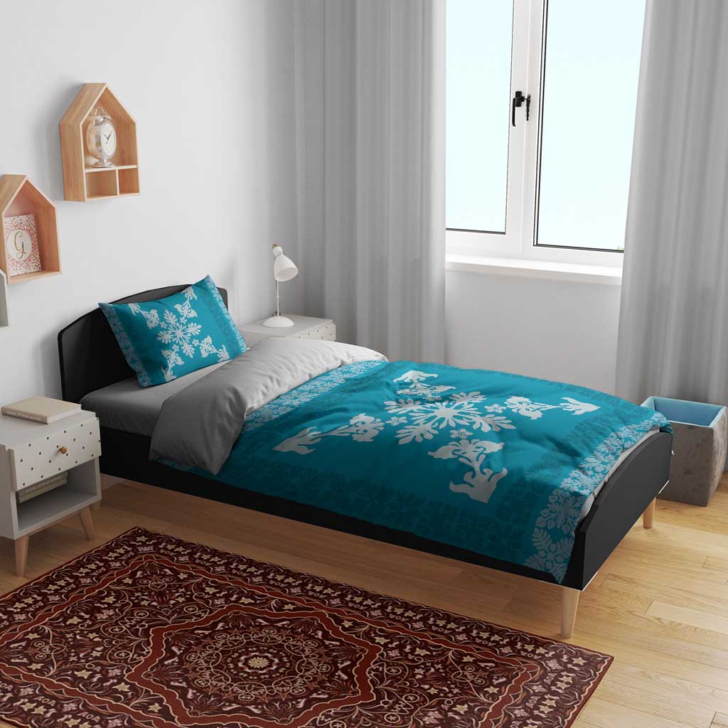 Hawaiian Quilt Block Design Bedding Set Teal Hawaii Culture Motifs - Polynesian Pride