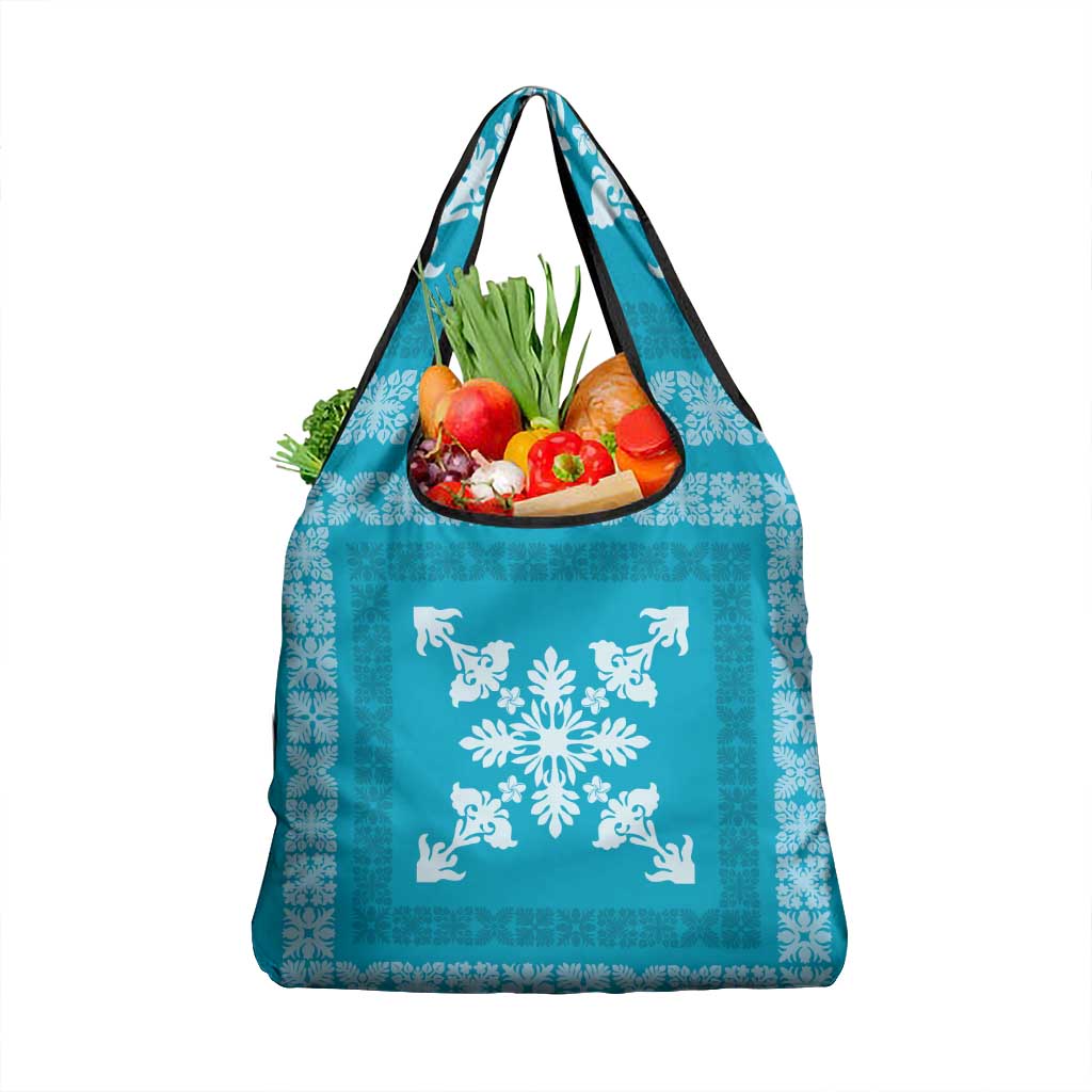 Hawaiian Quilt Block Design Grocery Bag Teal Hawaii Culture Motifs - Polynesian Pride