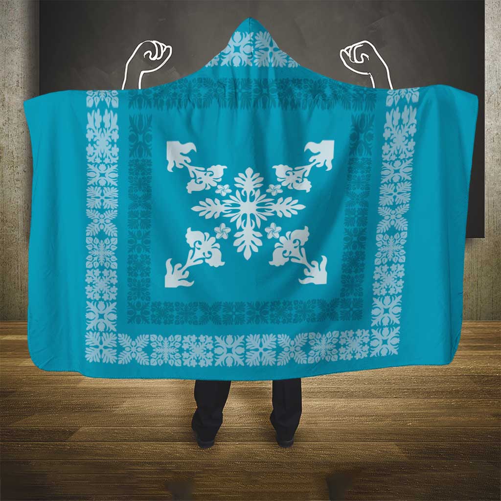 Hawaiian Quilt Block Design Hooded Blanket Teal Hawaii Culture Motifs - Polynesian Pride