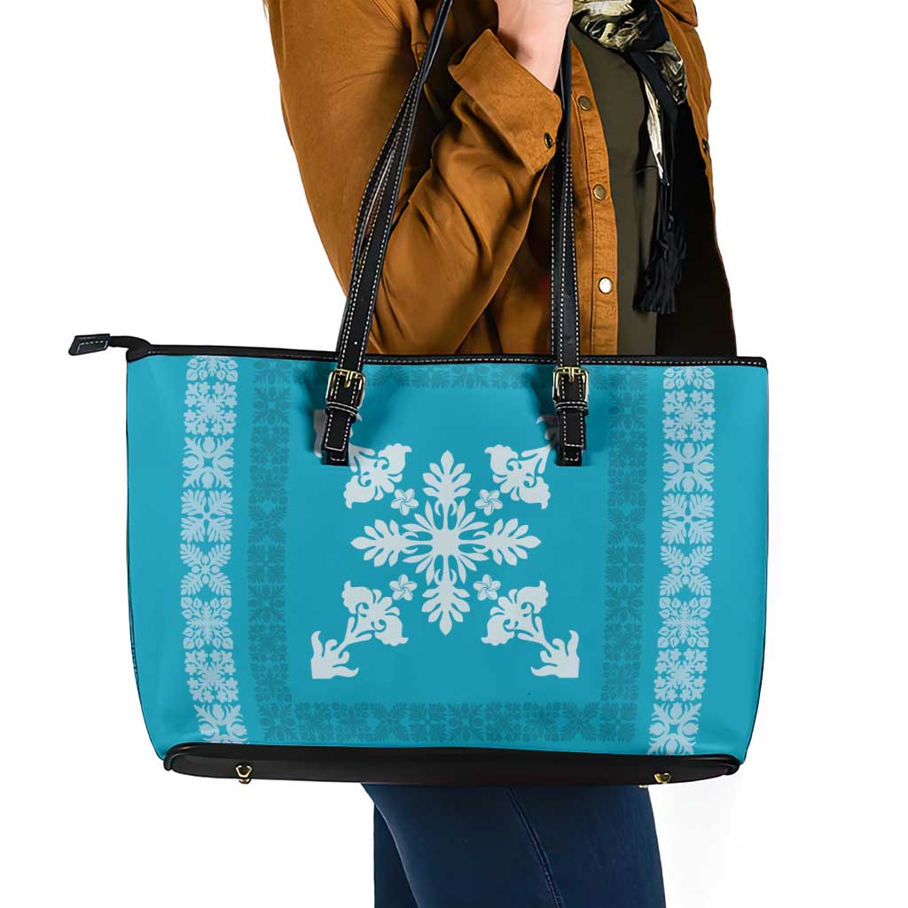 Hawaiian Quilt Block Design Leather Tote Bag Teal Hawaii Culture Motifs - Polynesian Pride