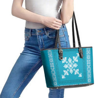 Hawaiian Quilt Block Design Leather Tote Bag Teal Hawaii Culture Motifs - Polynesian Pride