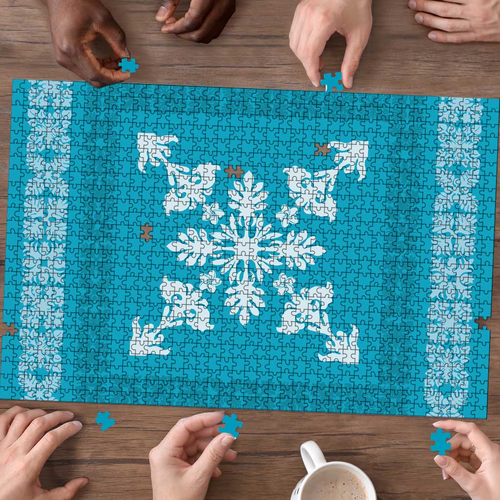 Hawaiian Quilt Block Design Puzzle Teal Hawaii Culture Motifs - Polynesian Pride