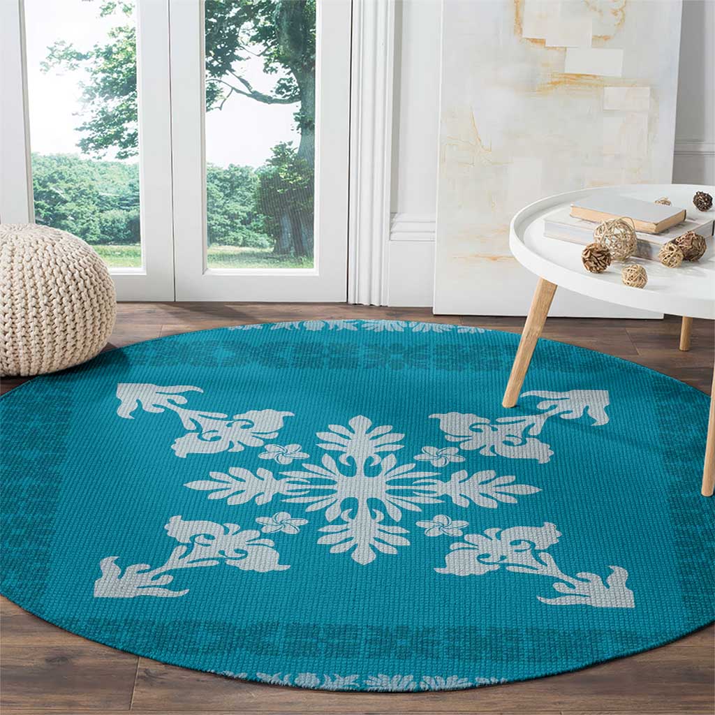 Hawaiian Quilt Block Design Round Carpet Teal Hawaii Culture Motifs - Polynesian Pride