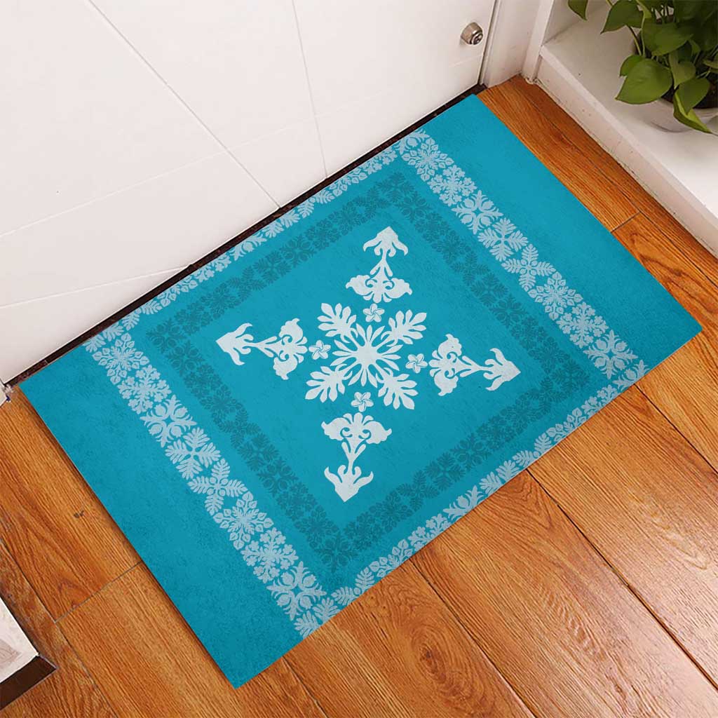 Hawaiian Quilt Block Design Rubber Doormat Teal Hawaii Culture Motifs - Polynesian Pride