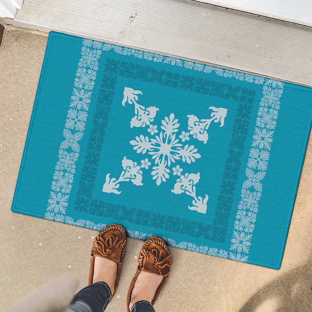 Hawaiian Quilt Block Design Rubber Doormat Teal Hawaii Culture Motifs - Polynesian Pride