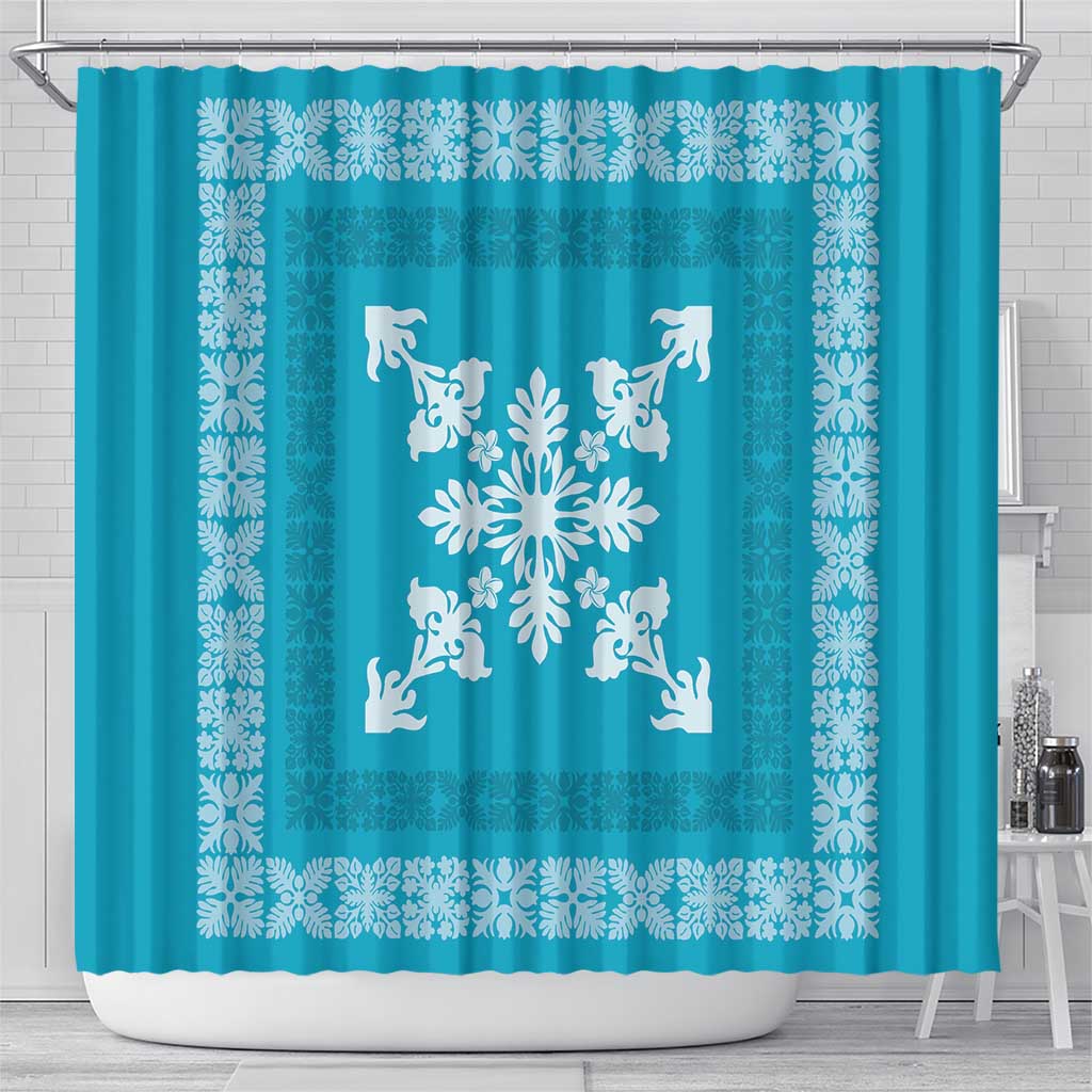 Hawaiian Quilt Block Design Shower Curtain Teal Hawaii Culture Motifs - Polynesian Pride