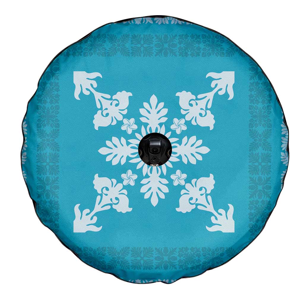 Hawaiian Quilt Block Design Spare Tire Cover Teal Hawaii Culture Motifs - Polynesian Pride