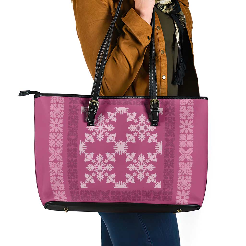 Hawaiian Quilt Pattern Leather Tote Bag Pink Hawaii Culture Tropical - Polynesian Pride