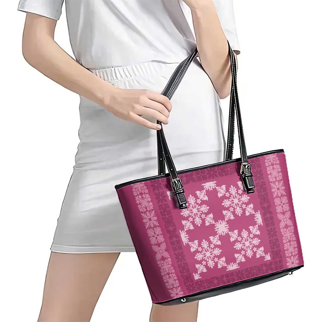 Hawaiian Quilt Pattern Leather Tote Bag Pink Hawaii Culture Tropical - Polynesian Pride