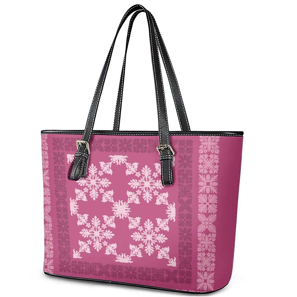 Hawaiian Quilt Pattern Leather Tote Bag Pink Hawaii Culture Tropical - Polynesian Pride