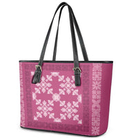Hawaiian Quilt Pattern Leather Tote Bag Pink Hawaii Culture Tropical - Polynesian Pride