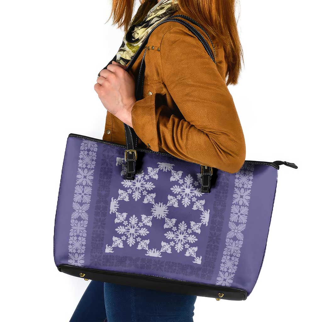 Hawaiian Quilt Pattern Leather Tote Bag Purple Hawaii Culture Tropical - Polynesian Pride