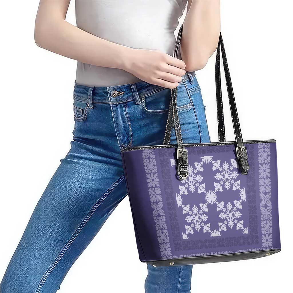 Hawaiian Quilt Pattern Leather Tote Bag Purple Hawaii Culture Tropical - Polynesian Pride