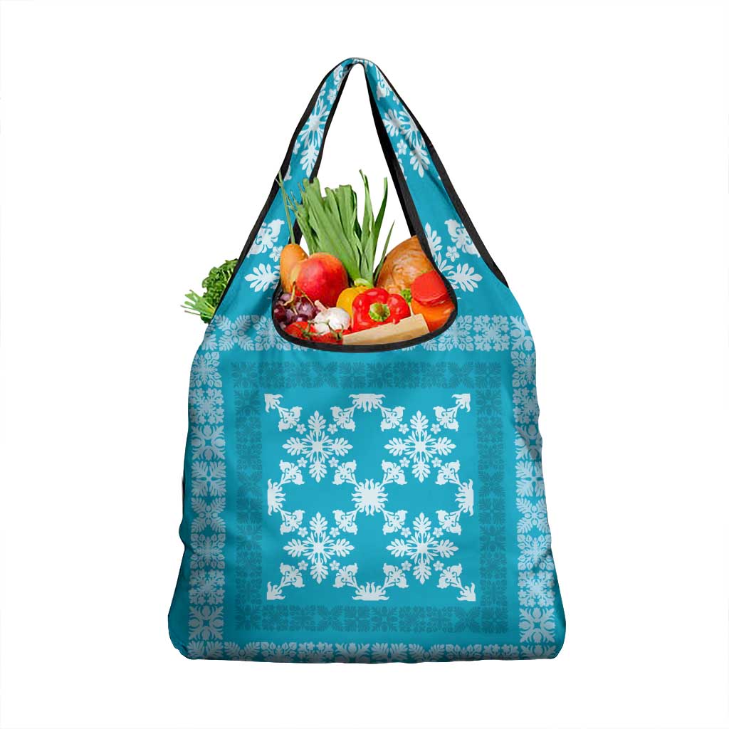 Hawaiian Quilt Pattern Grocery Bag Teal Hawaii Culture Tropical - Polynesian Pride