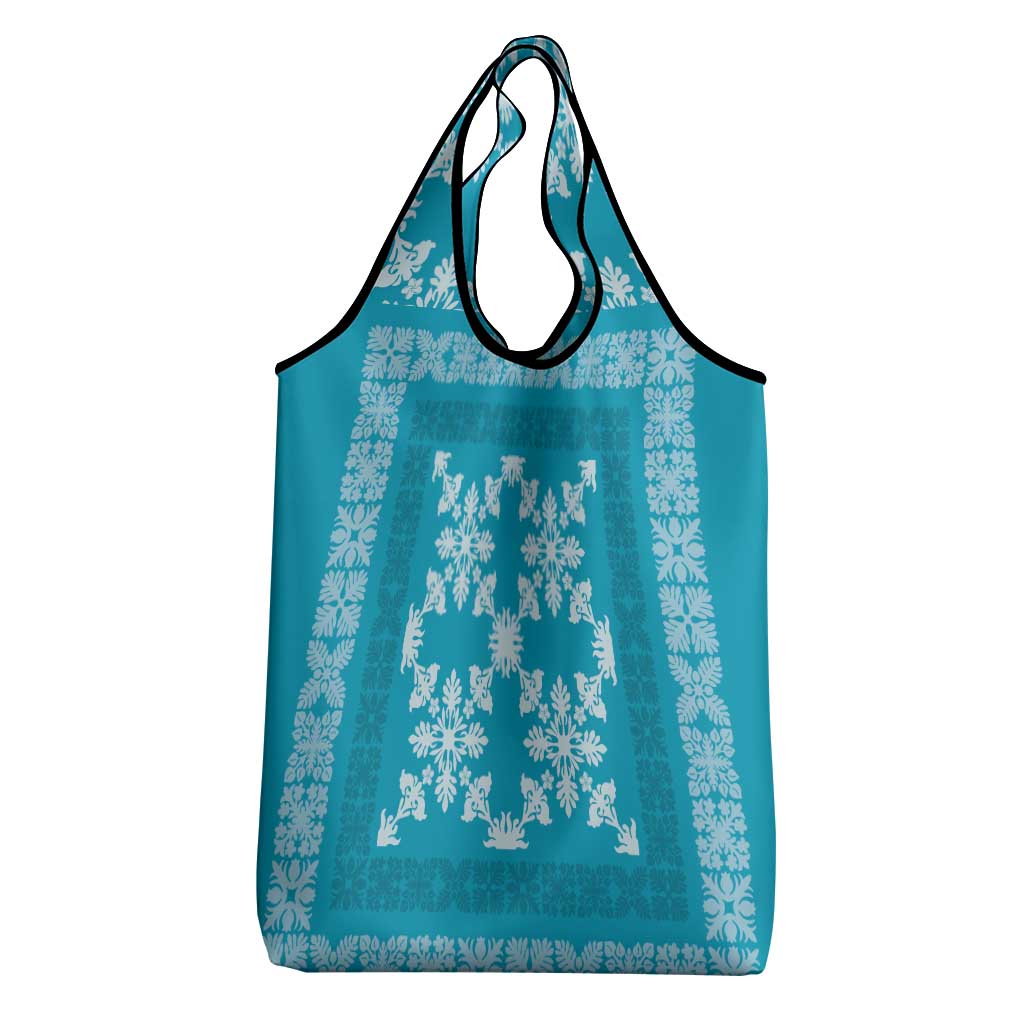 Hawaiian Quilt Pattern Grocery Bag Teal Hawaii Culture Tropical - Polynesian Pride