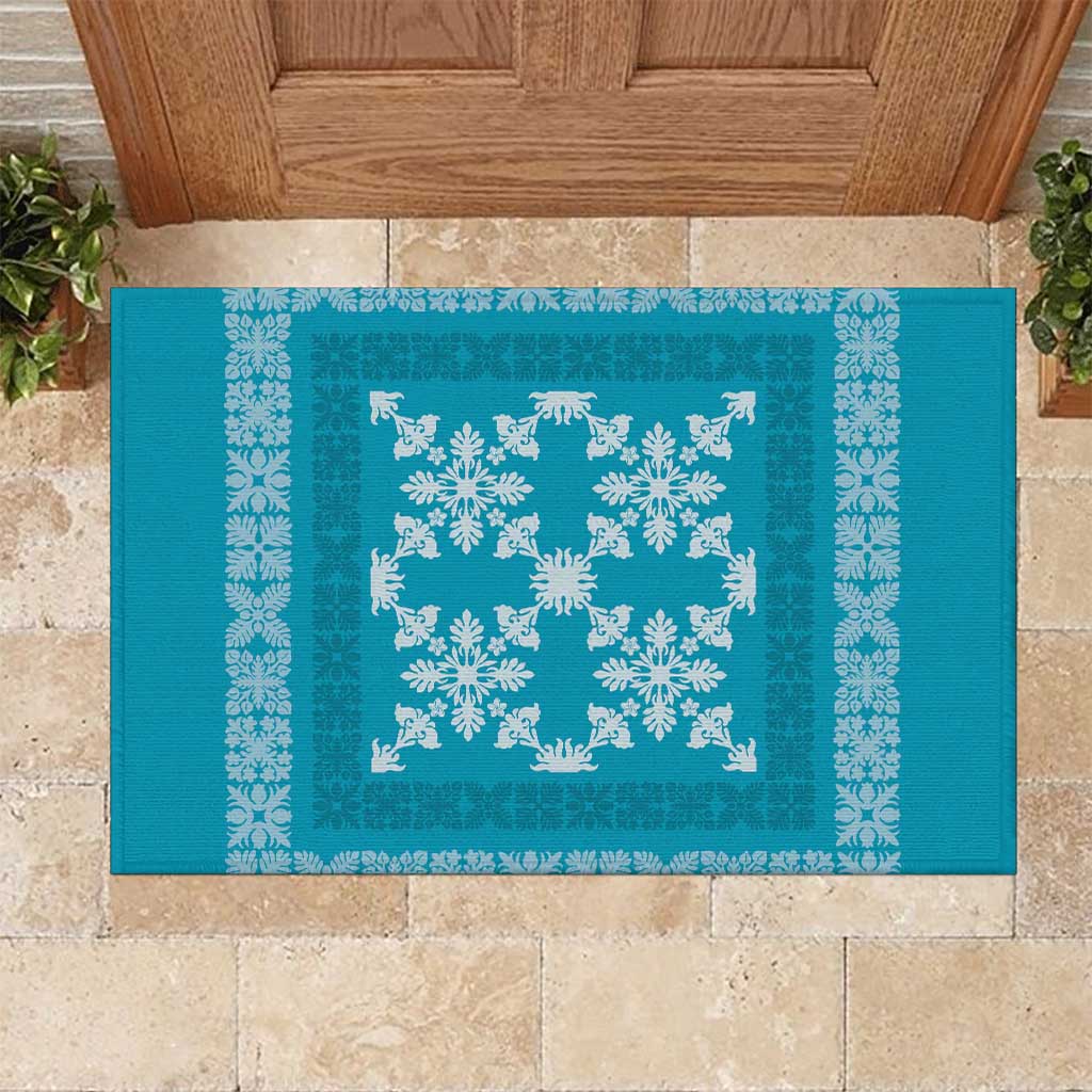 Hawaiian Quilt Pattern Rubber Doormat Teal Hawaii Culture Tropical - Polynesian Pride