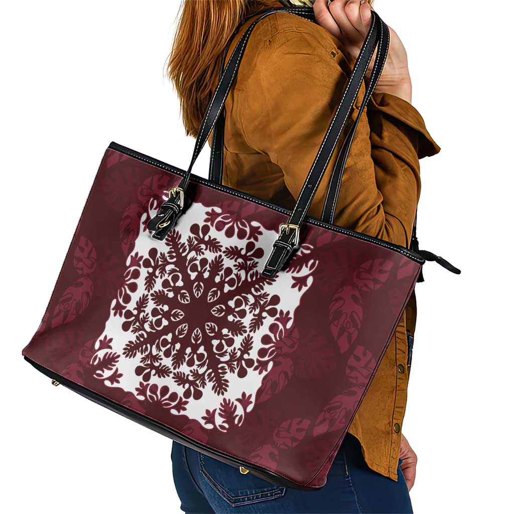 Palm Leaf Quilt Pattern Leather Tote Bag Hawaii Culture Floral - Polynesian Pride