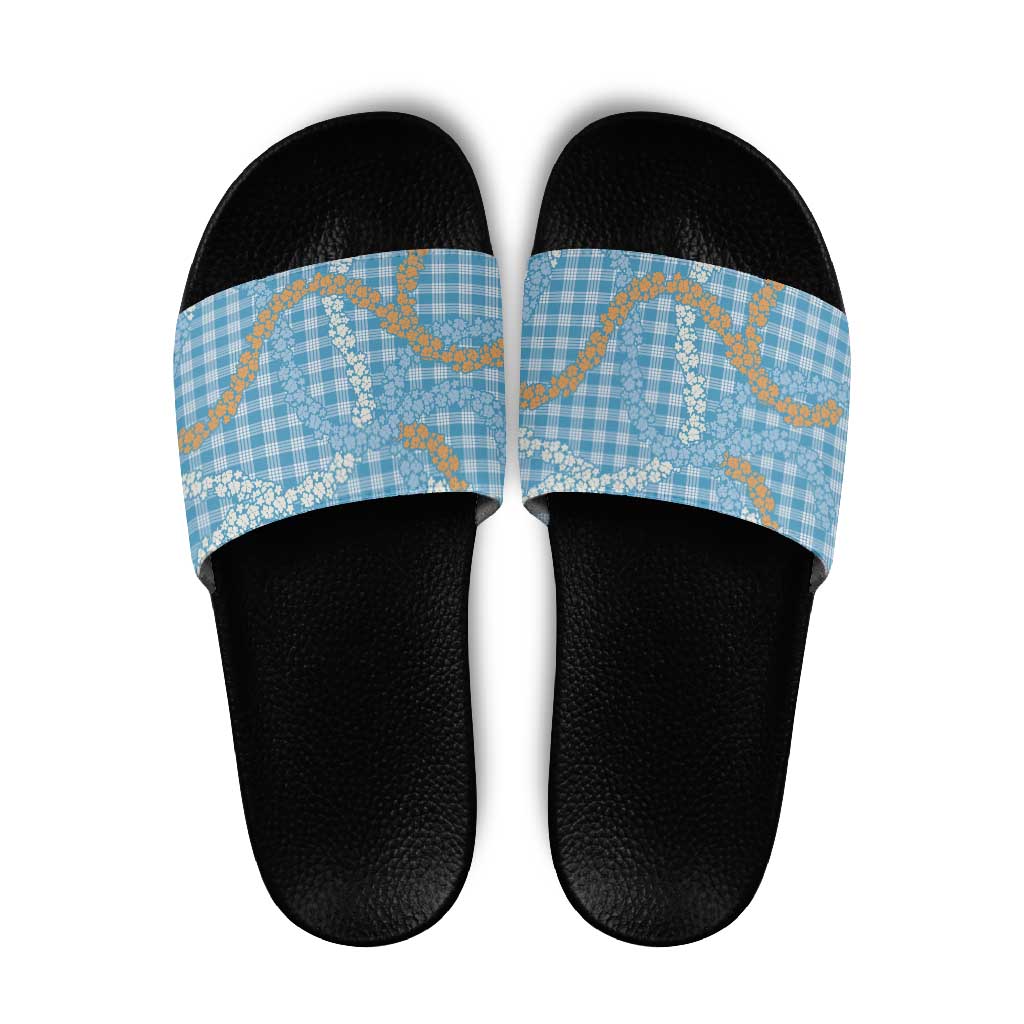 Blue Tropical Floral Palaka Slide Sandals Hawaiian Quilt Pattern - Polynesian Pride