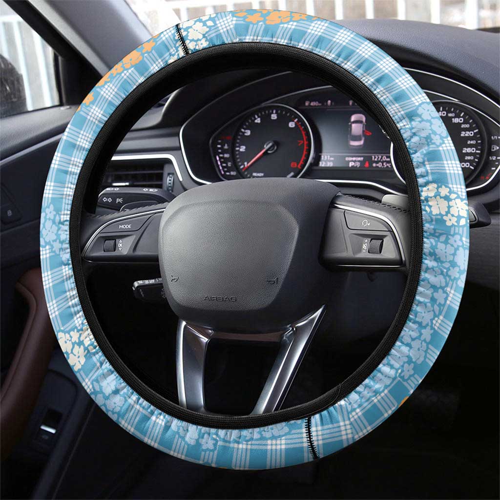 Blue Tropical Floral Palaka Steering Wheel Cover Hawaiian Quilt Pattern - Polynesian Pride