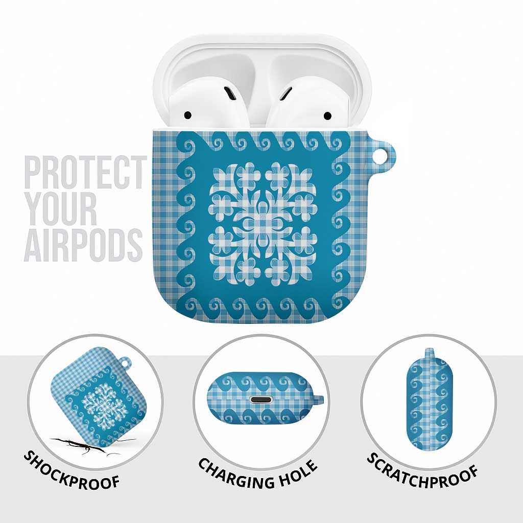 Blue Ulu Palaka Quilt Pattern AirPods Case Hawaii Culture Breadfruit - Polynesian Pride