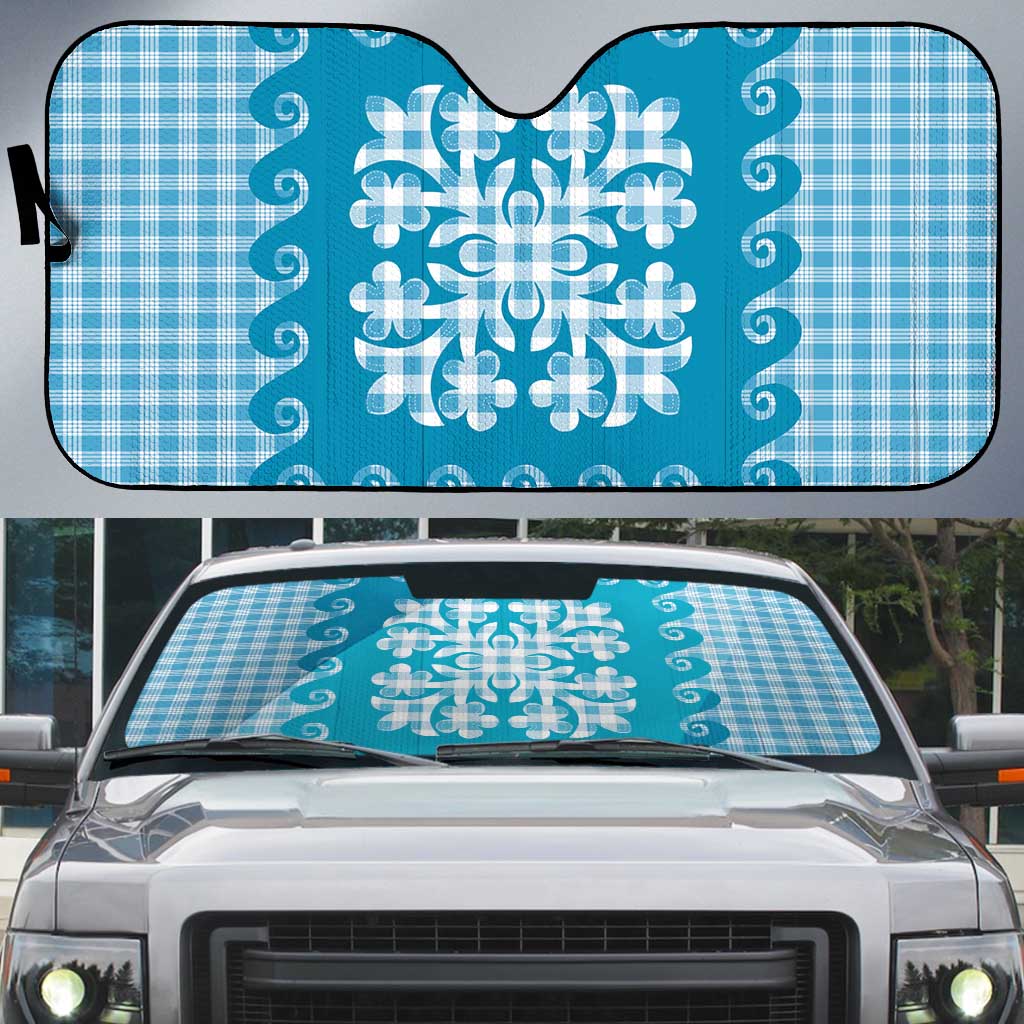 Blue Ulu Palaka Quilt Pattern Auto Sun Shade Hawaii Culture Breadfruit - Polynesian Pride