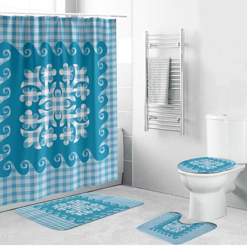 Blue Ulu Palaka Quilt Pattern Bathroom Set Hawaii Culture Breadfruit - Polynesian Pride