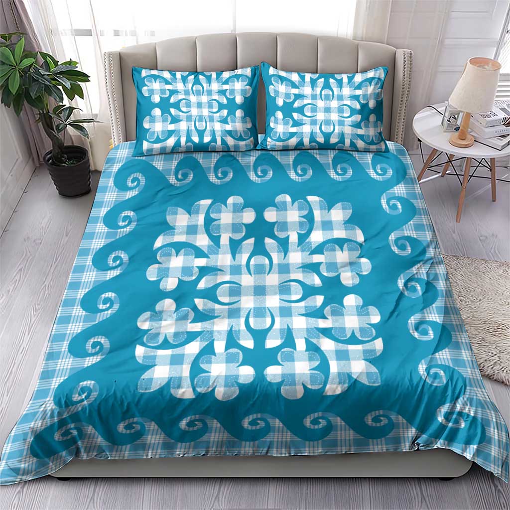 Blue Ulu Palaka Quilt Pattern Bedding Set Hawaii Culture Breadfruit - Polynesian Pride