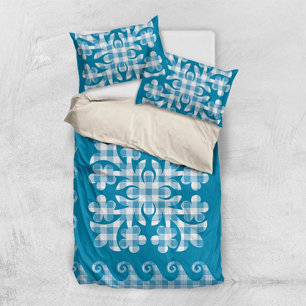 Blue Ulu Palaka Quilt Pattern Bedding Set Hawaii Culture Breadfruit - Polynesian Pride