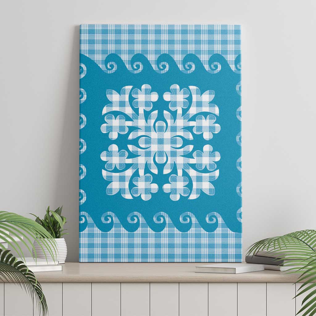 Blue Ulu Palaka Quilt Pattern Canvas Wall Art Hawaii Culture Breadfruit - Polynesian Pride