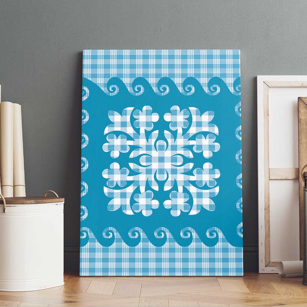 Blue Ulu Palaka Quilt Pattern Canvas Wall Art Hawaii Culture Breadfruit - Polynesian Pride