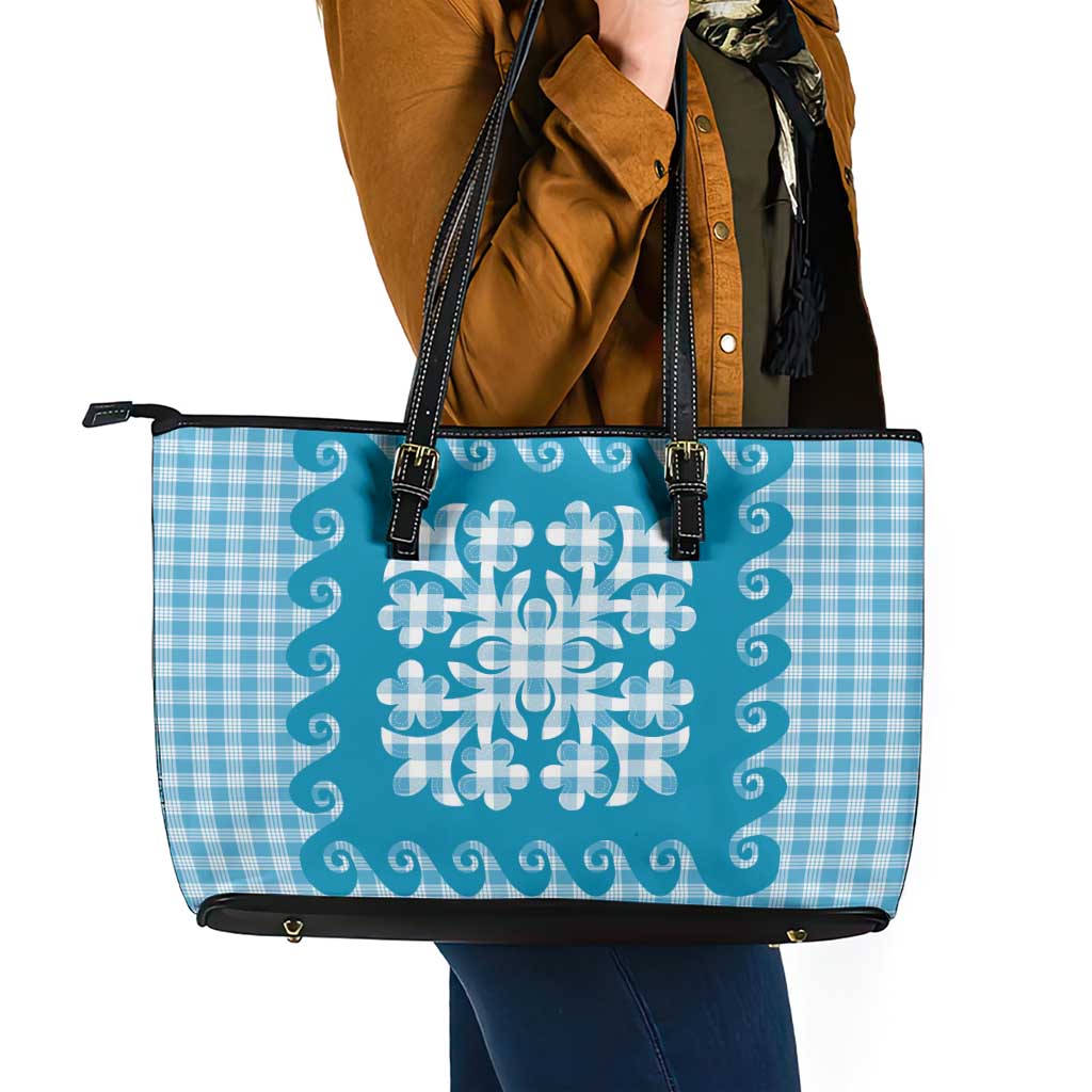 Blue Ulu Palaka Quilt Pattern Leather Tote Bag Hawaii Culture Breadfruit - Polynesian Pride
