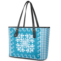 Blue Ulu Palaka Quilt Pattern Leather Tote Bag Hawaii Culture Breadfruit - Polynesian Pride