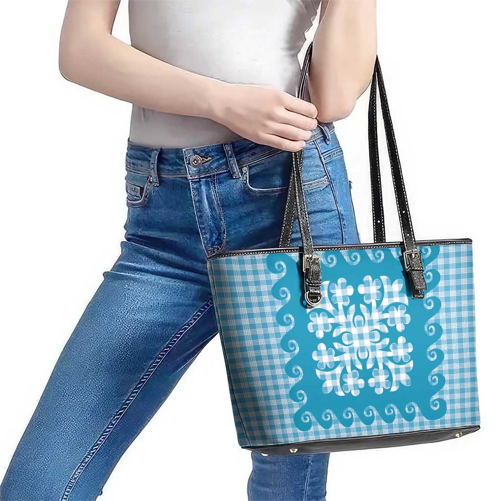 Blue Ulu Palaka Quilt Pattern Leather Tote Bag Hawaii Culture Breadfruit - Polynesian Pride