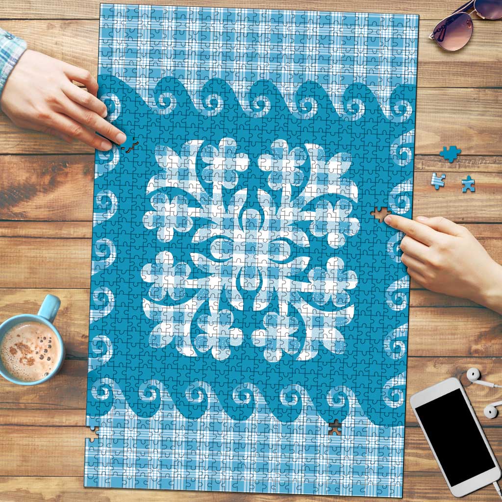 Blue Ulu Palaka Quilt Pattern Puzzle Hawaii Culture Breadfruit - Polynesian Pride