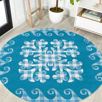 Blue Ulu Palaka Quilt Pattern Round Carpet Hawaii Culture Breadfruit - Polynesian Pride