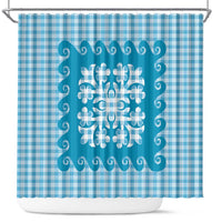 Blue Ulu Palaka Quilt Pattern Shower Curtain Hawaii Culture Breadfruit - Polynesian Pride