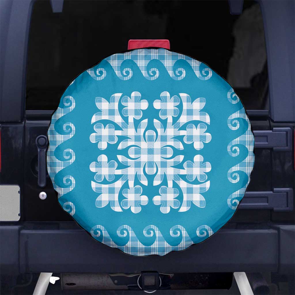 Blue Ulu Palaka Quilt Pattern Spare Tire Cover Hawaii Culture Breadfruit - Polynesian Pride