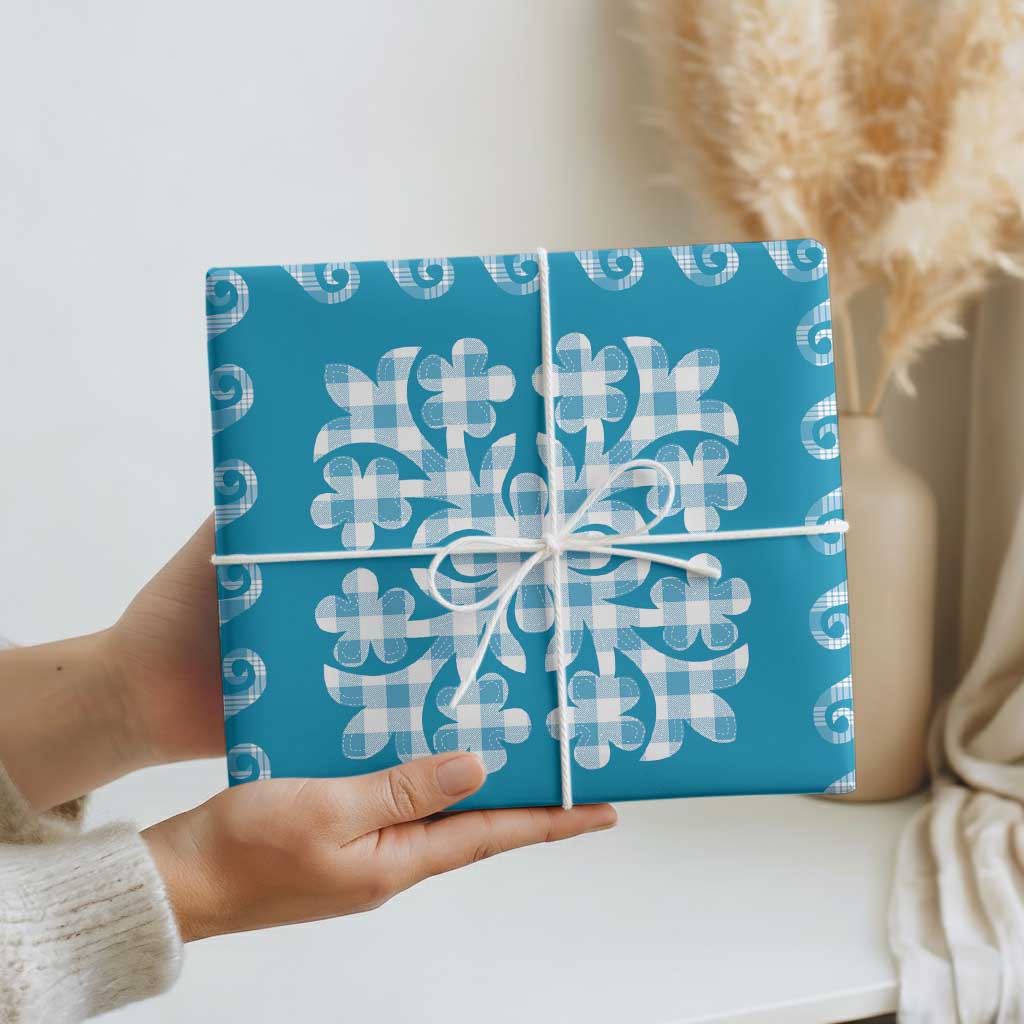 Blue Ulu Palaka Quilt Pattern Wrapping Paper Hawaii Culture Breadfruit - Polynesian Pride