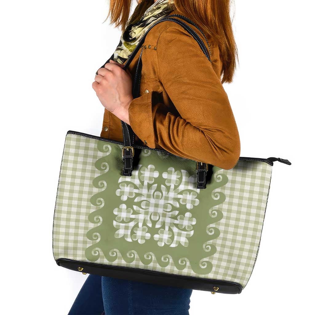 Green Ulu Palaka Quilt Pattern Leather Tote Bag Hawaii Culture Breadfruit - Polynesian Pride