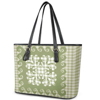 Green Ulu Palaka Quilt Pattern Leather Tote Bag Hawaii Culture Breadfruit - Polynesian Pride
