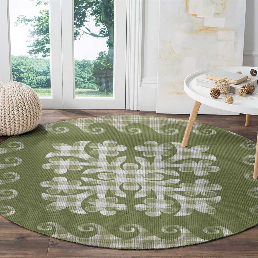 Green Ulu Palaka Quilt Pattern Round Carpet Hawaii Culture Breadfruit - Polynesian Pride
