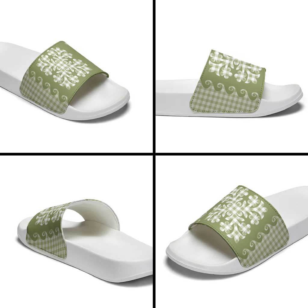 Green Ulu Palaka Quilt Pattern Slide Sandals Hawaii Culture Breadfruit - Polynesian Pride