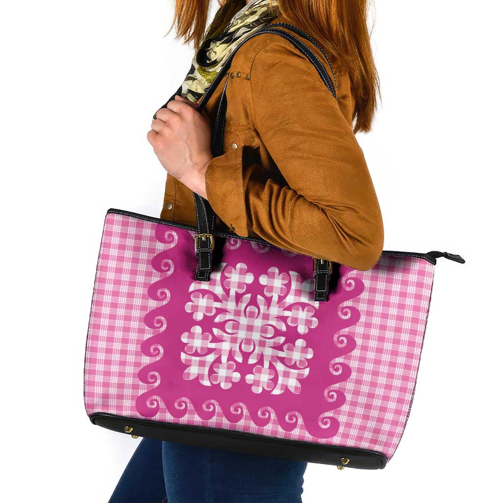 Pink Ulu Palaka Quilt Pattern Leather Tote Bag Hawaii Culture Breadfruit - Polynesian Pride