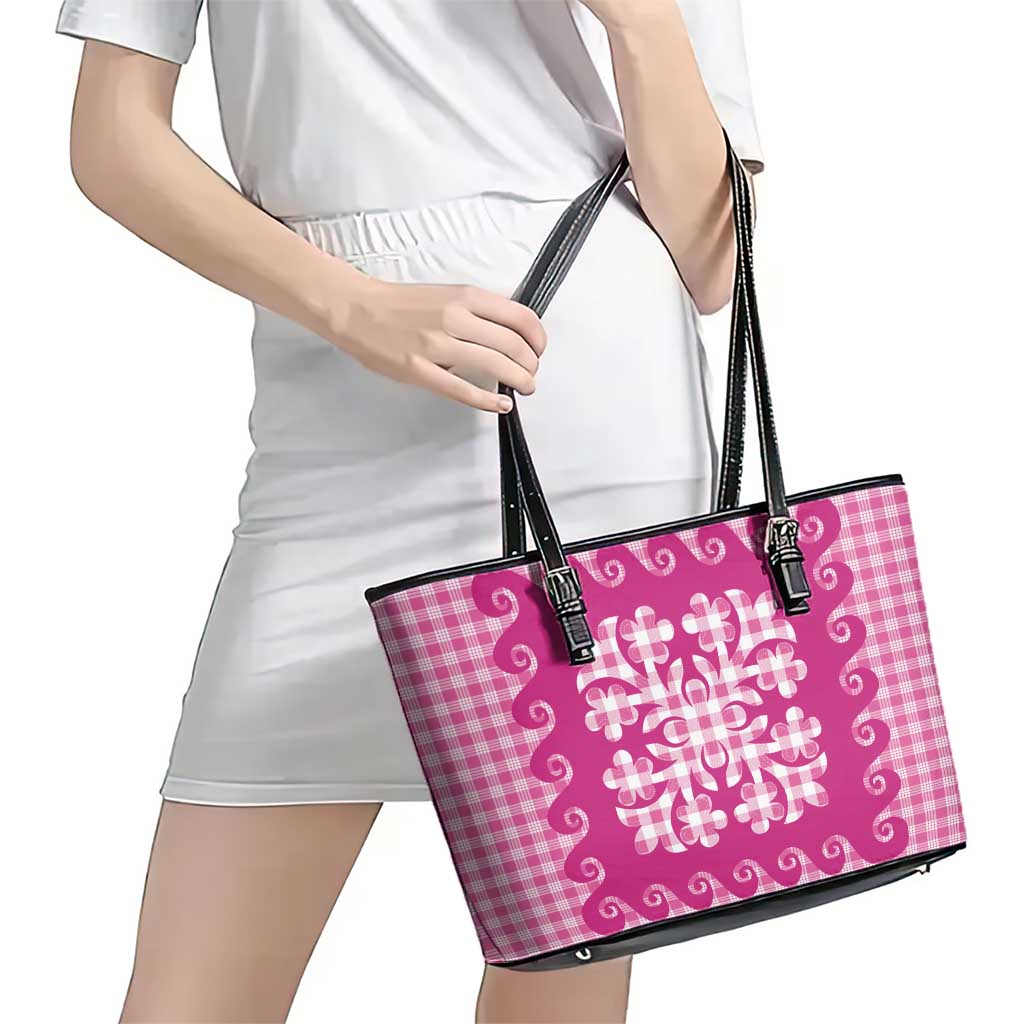 Pink Ulu Palaka Quilt Pattern Leather Tote Bag Hawaii Culture Breadfruit - Polynesian Pride