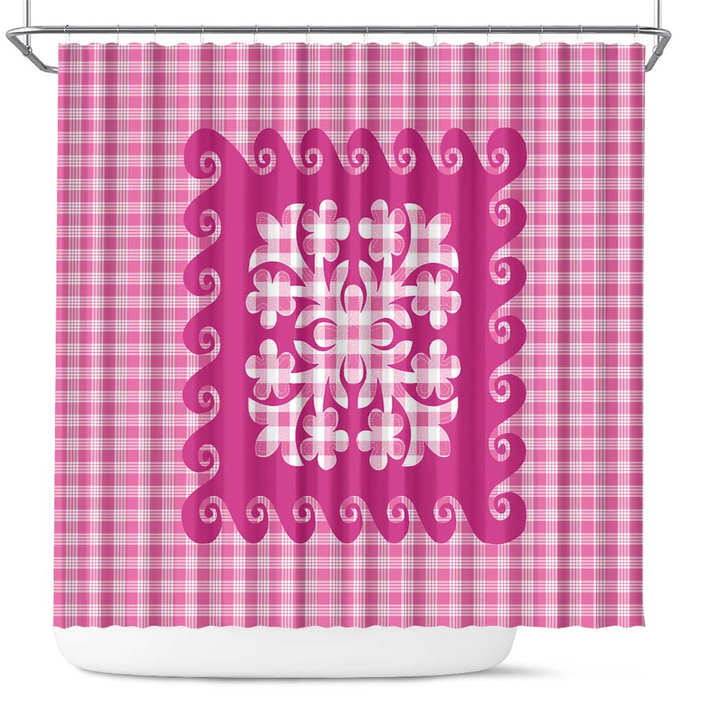 Pink Ulu Palaka Quilt Pattern Shower Curtain Hawaii Culture Breadfruit - Polynesian Pride