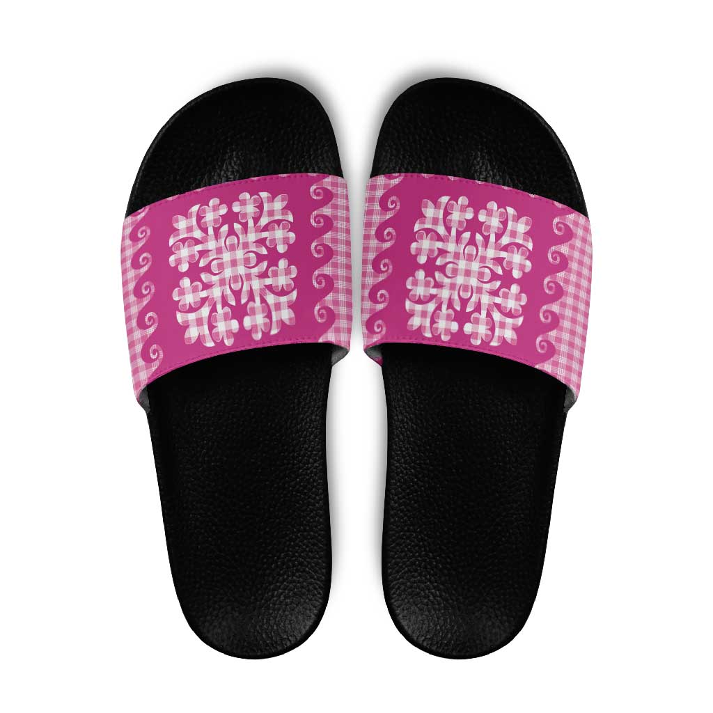 Pink Ulu Palaka Quilt Pattern Slide Sandals Hawaii Culture Breadfruit - Polynesian Pride