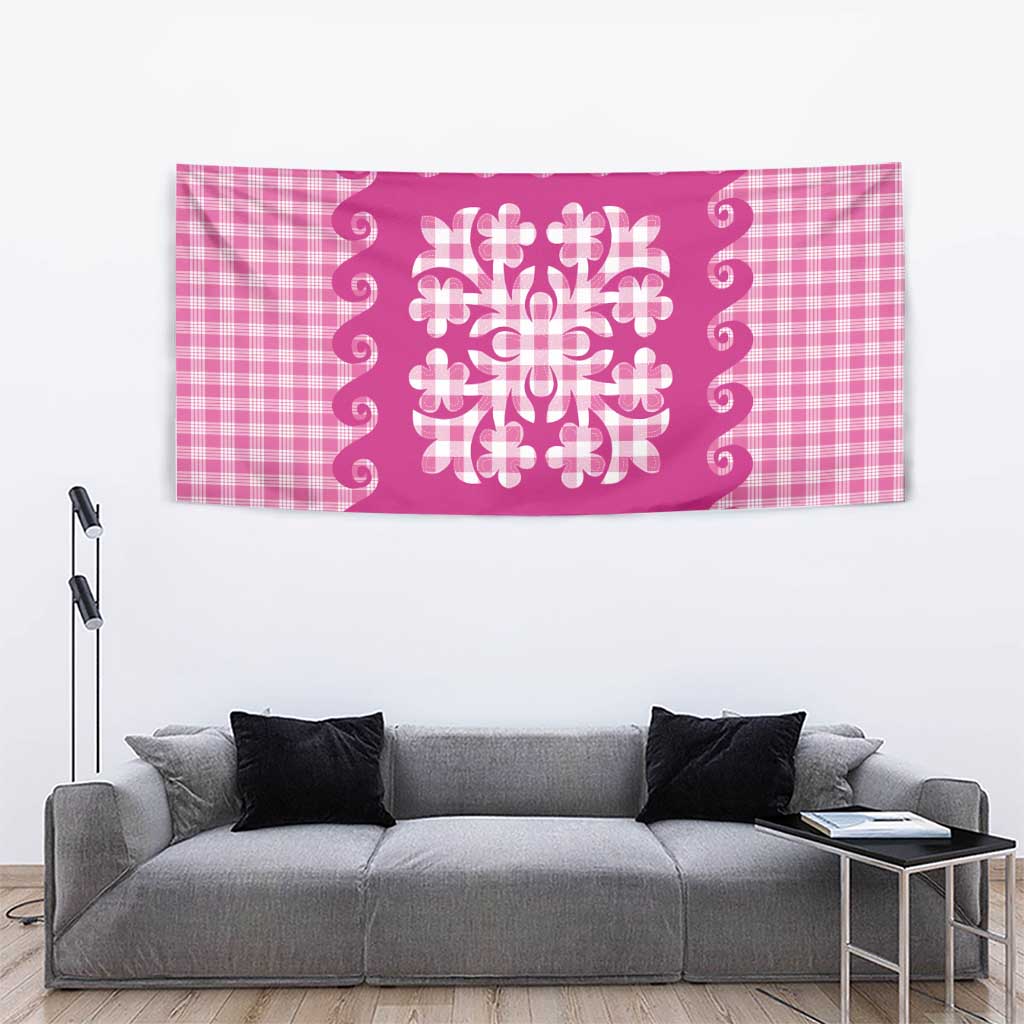 Pink Ulu Palaka Quilt Pattern Tapestry Hawaii Culture Breadfruit - Polynesian Pride